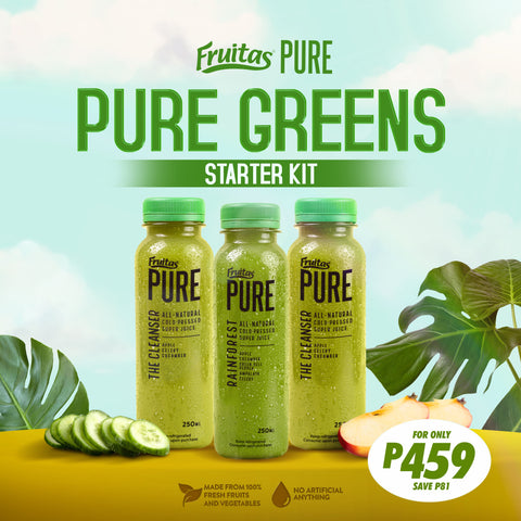 Fruitas Pure Cold-Pressed Juice Bundle of 3: Pure Greens Starter Kit (2pc The Cleanser and 1pc Rainforest)
