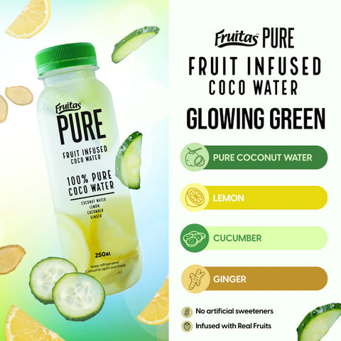 Fruitas Pure GLOWING GREEN - Fruit Infused Coco Water, Lemon, Cucumber & Ginger 250ml [Drink, Beverage]