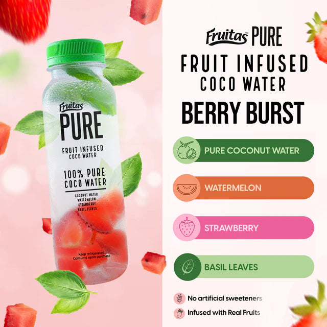 Fruitas Pure BERRY BURST Fruit Infused Coco Water Watermelon Strawberry Basil Leaves 250ml